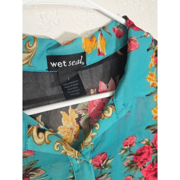 Vintage Wet Seal Size L Teal Floral Button-up Blouse - Picture 2 of 4